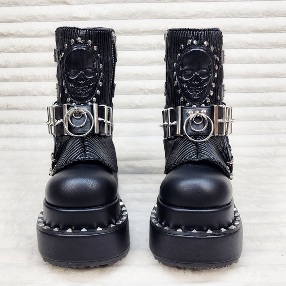 Stud & Skull Patch Black Matte Bear 150 Platform Ankle Boots Goth Punk Rave - Picture 7 of 15